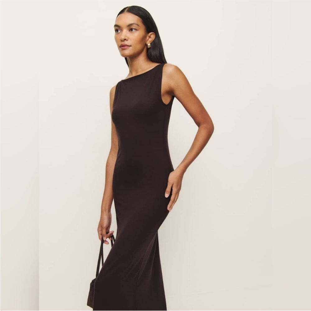NWT Reformation Raine Knit boatneck dress in black currant/chocolate brown color